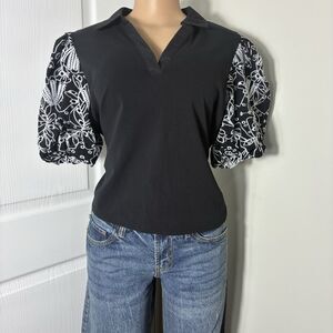 Marc New York Womens Blouse sz L Puff Sleeve Floral Design Embroidered office
